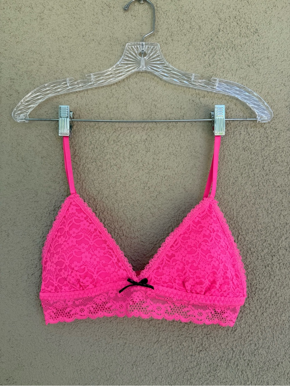 XOXO bright pink lace, lightly padded, triangle bralette with adjustable straps